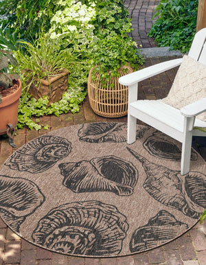 Brown and Black 7' 10 x 7' 10 Outdoor Coastal Round Area Rug Weather Resistant for Patio, Deck, Terrace, Balcony, Porch 100% Polypropylene Coastal Decor Carpet for Sale at Rug Engine