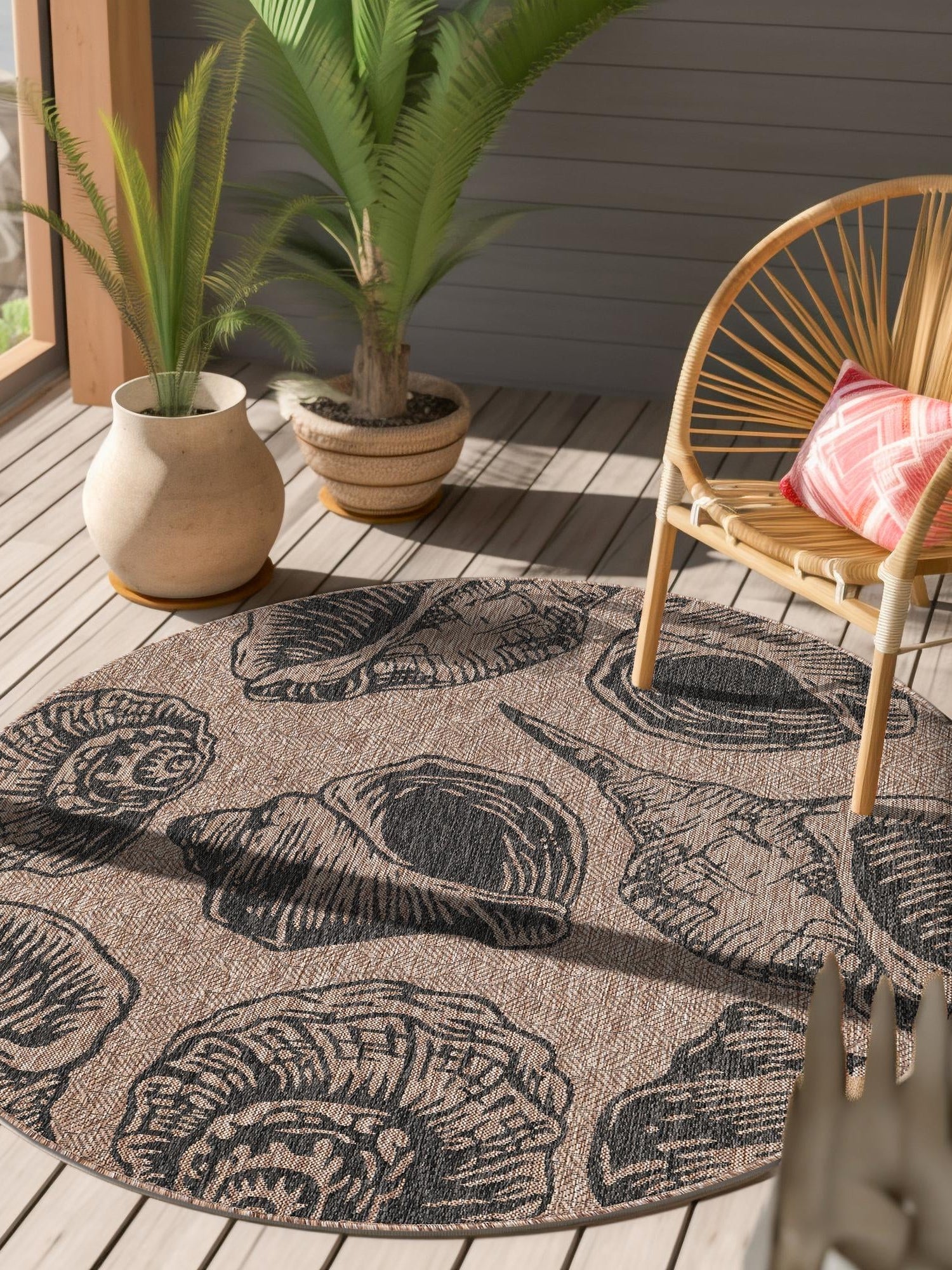 Brown and Black 6' 1 x 6' 1 Outdoor Coastal Round Area Rug Weather Resistant for Patio, Deck, Terrace, Balcony, Porch 100% Polypropylene Coastal Decor Carpet for Sale at Rug Engine
