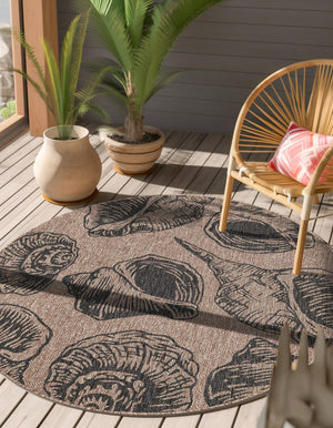 Brown and Black 7' 10 x 7' 10 Outdoor Coastal Round Area Rug Weather Resistant for Patio, Deck, Terrace, Balcony, Porch 100% Polypropylene Coastal Decor Carpet for Sale at Rug Engine
