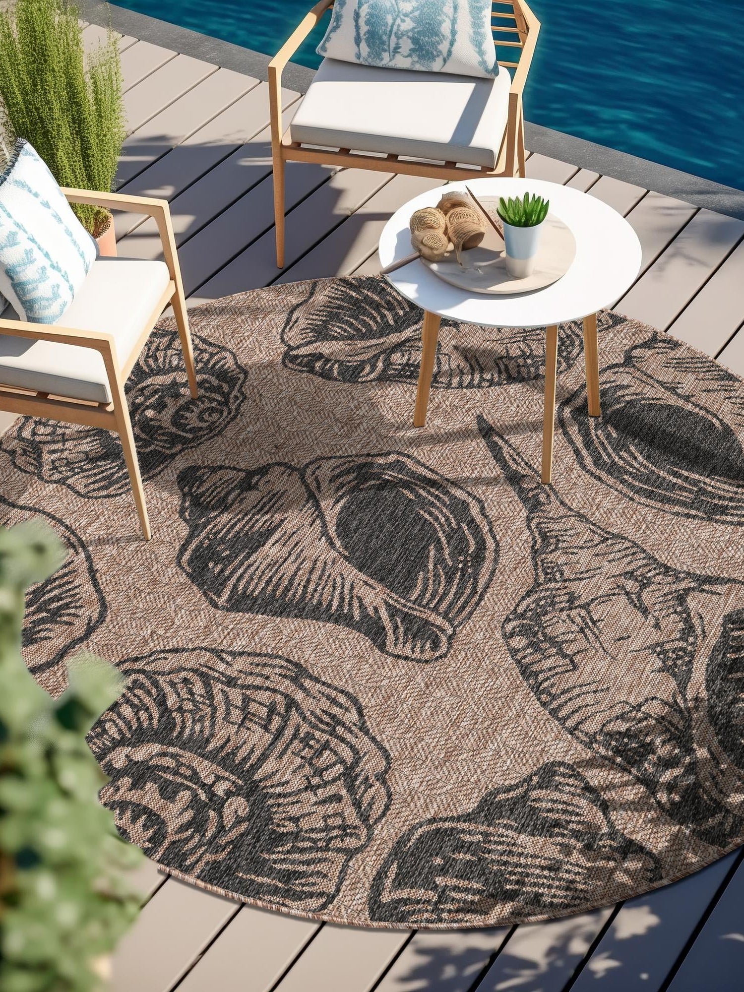 Brown and Black 12' x 12' Outdoor Coastal Round Area Rug Weather Resistant for Patio, Deck, Terrace, Balcony, Porch 100% Polypropylene Coastal Decor Carpet for Sale at Rug Engine