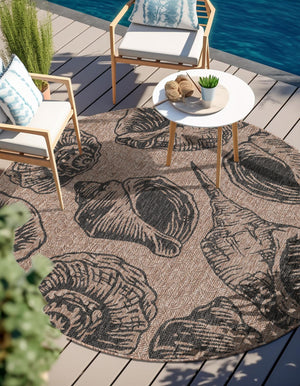 Brown and Black 12' x 12' Outdoor Coastal Round Area Rug Weather Resistant for Patio, Deck, Terrace, Balcony, Porch 100% Polypropylene Coastal Decor Carpet for Sale at Rug Engine