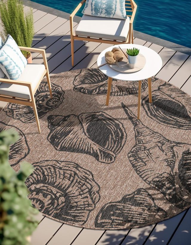 Brown and Black 6' 1 x 6' 1 Outdoor Coastal Round Area Rug Weather Resistant for Patio, Deck, Terrace, Balcony, Porch 100% Polypropylene Coastal Decor Carpet for Sale at Rug Engine
