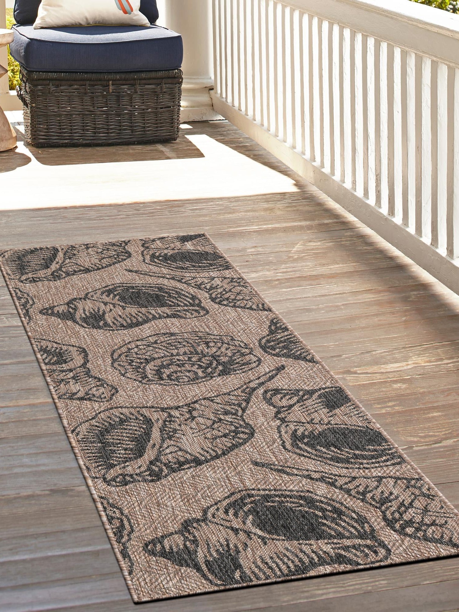 Brown and Black 2' x 8' Outdoor Coastal Runner Area Rug Weather Resistant for Patio, Deck, Terrace, Balcony, Porch 100% Polypropylene Coastal Decor Carpet for Sale at Rug Engine