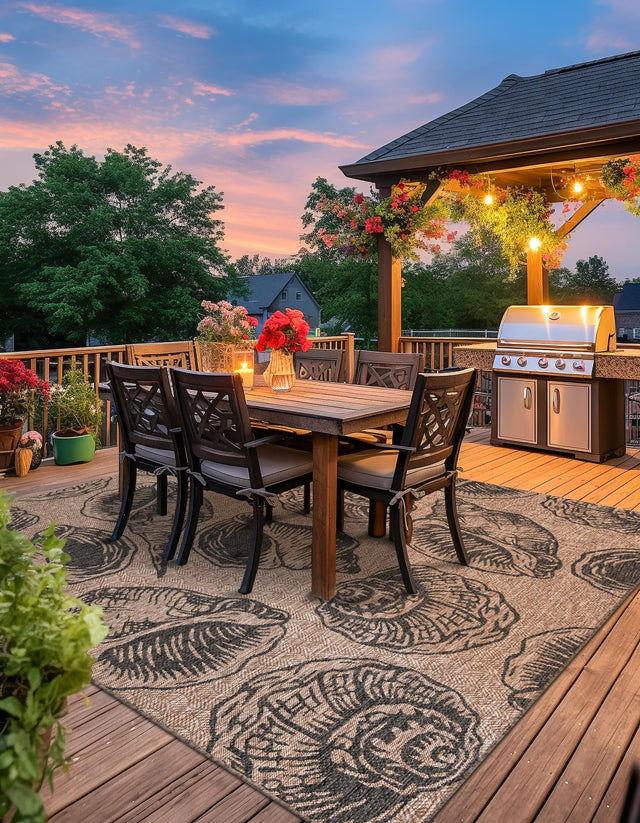 Brown and Black 10' x 10' Outdoor Coastal Square Area Rug Weather Resistant for Patio, Deck, Terrace, Balcony, Porch 100% Polypropylene Coastal Decor Carpet for Sale at Rug Engine
