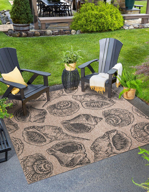 Brown and Black 7' 10 x 7' 10 Outdoor Coastal Square Area Rug Weather Resistant for Patio, Deck, Terrace, Balcony, Porch 100% Polypropylene Coastal Decor Carpet for Sale at Rug Engine