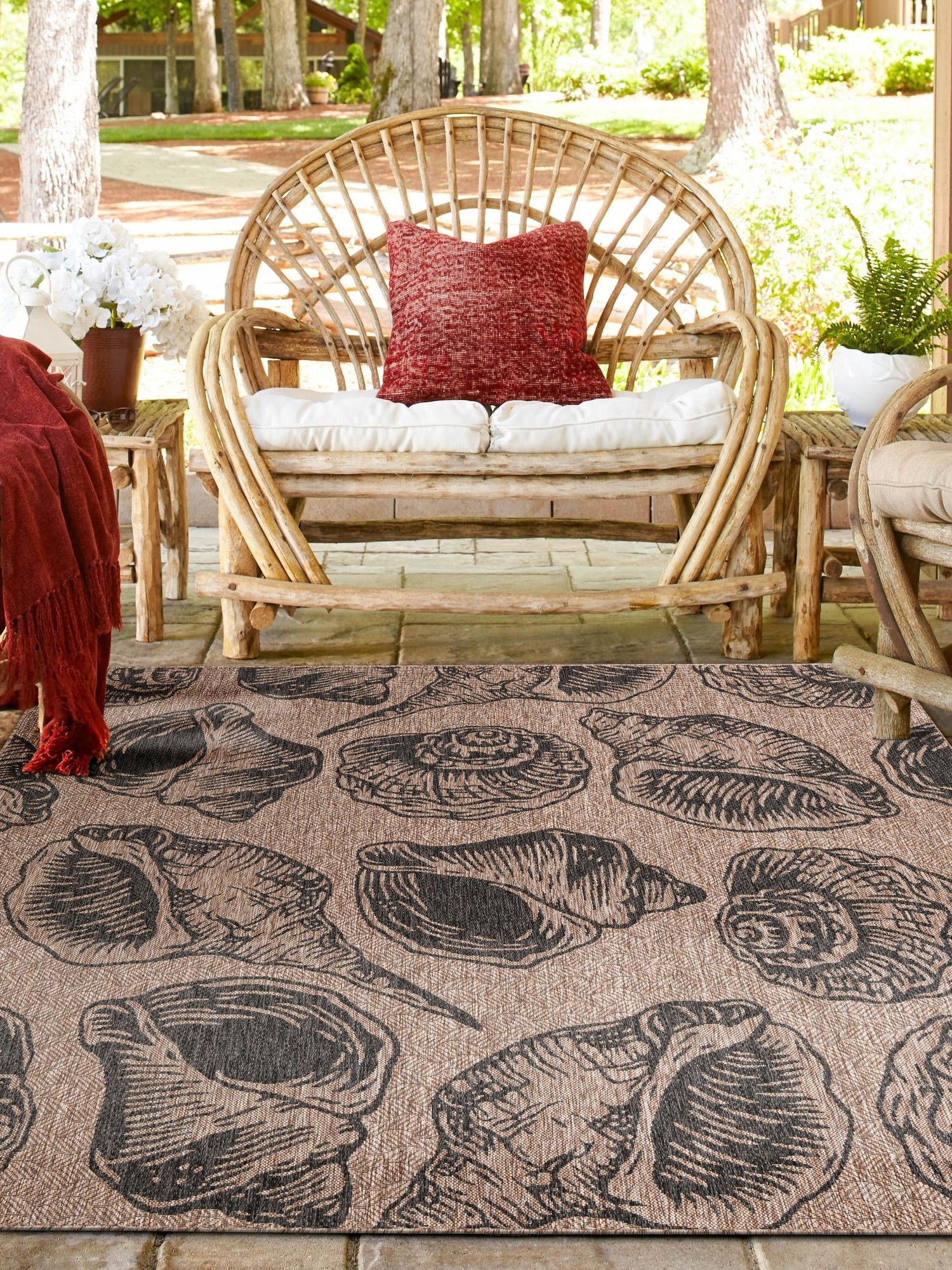 Brown and Black 10' x 10' Outdoor Coastal Square Area Rug Weather Resistant for Patio, Deck, Terrace, Balcony, Porch 100% Polypropylene Coastal Decor Carpet for Sale at Rug Engine
