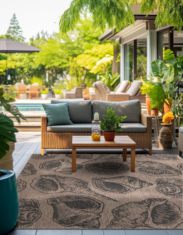Brown and Black 7' 10 x 7' 10 Outdoor Coastal Square Area Rug Weather Resistant for Patio, Deck, Terrace, Balcony, Porch 100% Polypropylene Coastal Decor Carpet for Sale at Rug Engine