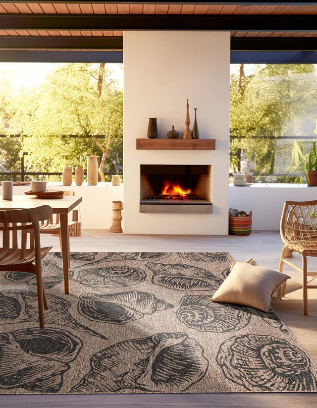 Brown and Black 7' 10 x 7' 10 Outdoor Coastal Square Area Rug Weather Resistant for Patio, Deck, Terrace, Balcony, Porch 100% Polypropylene Coastal Decor Carpet for Sale at Rug Engine