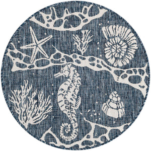 Navy Blue 3' 1 x 3' 1 Outdoor Coastal Round Area Rug Weather Resistant for Patio, Deck, Terrace, Balcony, Porch 100% Polypropylene Coastal Decor Carpet for Sale at Rug Engine
