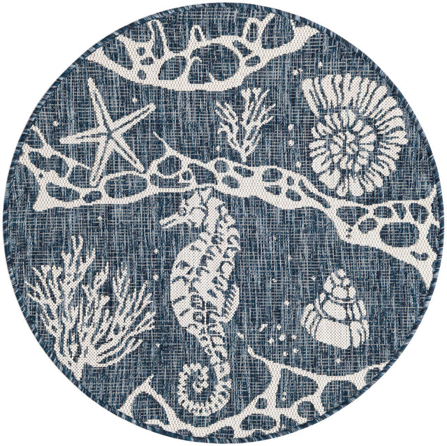 Navy Blue 3' 1 x 3' 1 Outdoor Coastal Round Area Rug Weather Resistant for Patio, Deck, Terrace, Balcony, Porch 100% Polypropylene Coastal Decor Carpet for Sale at Rug Engine
