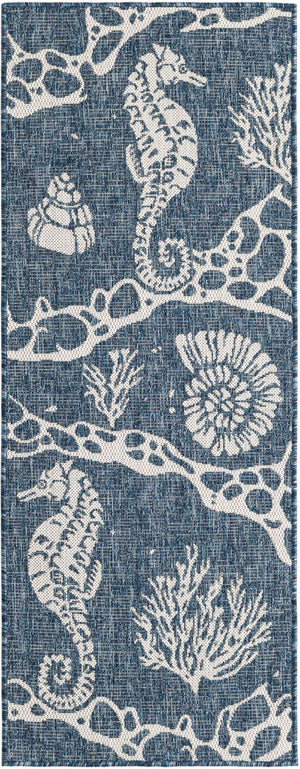 Navy Blue 2' x 5' 3 Outdoor Coastal Runner Area Rug Weather Resistant for Patio, Deck, Terrace, Balcony, Porch 100% Polypropylene Coastal Decor Carpet for Sale at Rug Engine