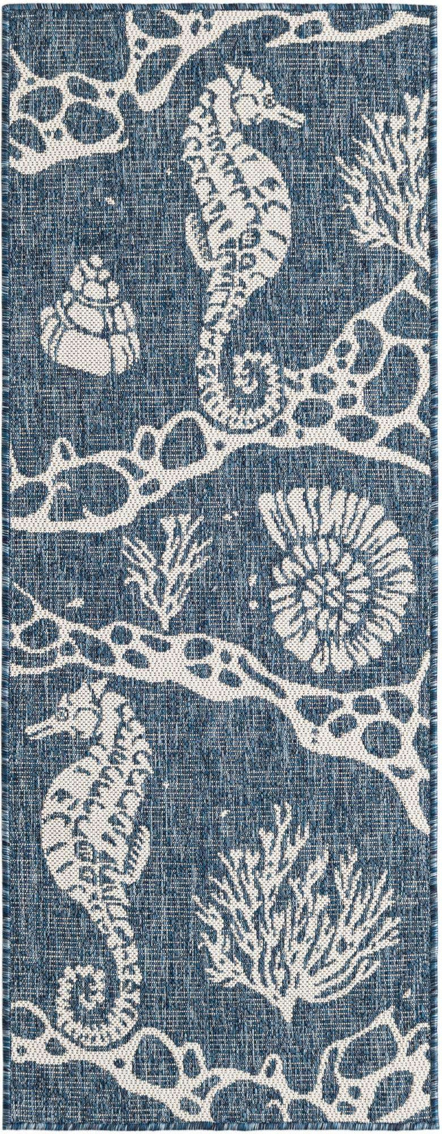 Navy Blue 2' x 5' 3 Outdoor Coastal Runner Area Rug Weather Resistant for Patio, Deck, Terrace, Balcony, Porch 100% Polypropylene Coastal Decor Carpet for Sale at Rug Engine