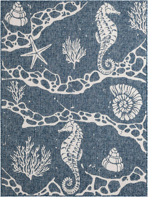 Navy Blue 5' 3 x 7' 1 Outdoor Coastal Rectangle Area Rug Weather Resistant for Patio, Deck, Terrace, Balcony, Porch 100% Polypropylene Coastal Decor Carpet for Sale at Rug Engine