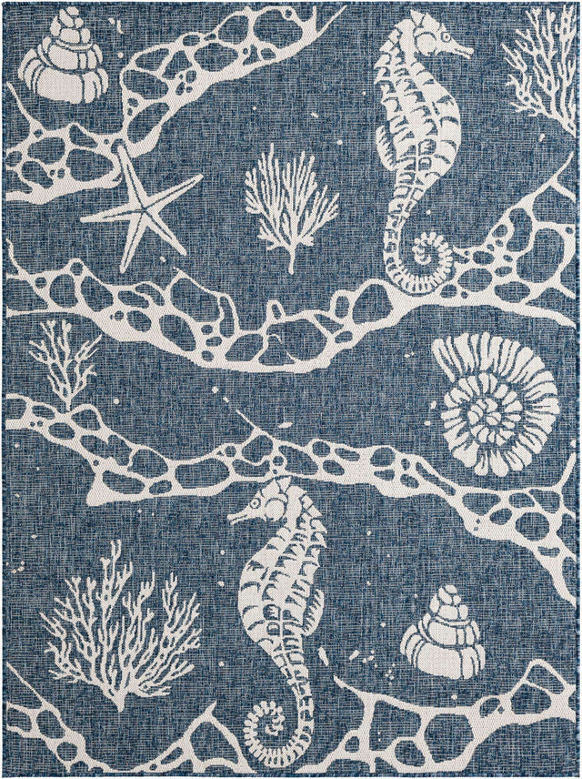 Navy Blue 5' 3 x 7' 1 Outdoor Coastal Rectangle Area Rug Weather Resistant for Patio, Deck, Terrace, Balcony, Porch 100% Polypropylene Coastal Decor Carpet for Sale at Rug Engine