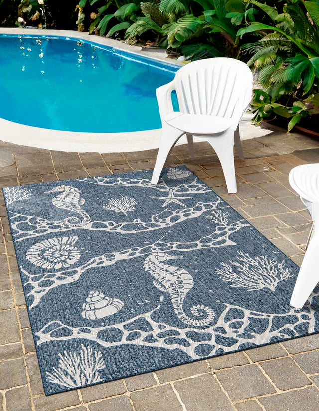 Navy Blue 7' 10 x 10' Outdoor Coastal Rectangle Area Rug Weather Resistant for Patio, Deck, Terrace, Balcony, Porch 100% Polypropylene Coastal Decor Carpet for Sale at Rug Engine
