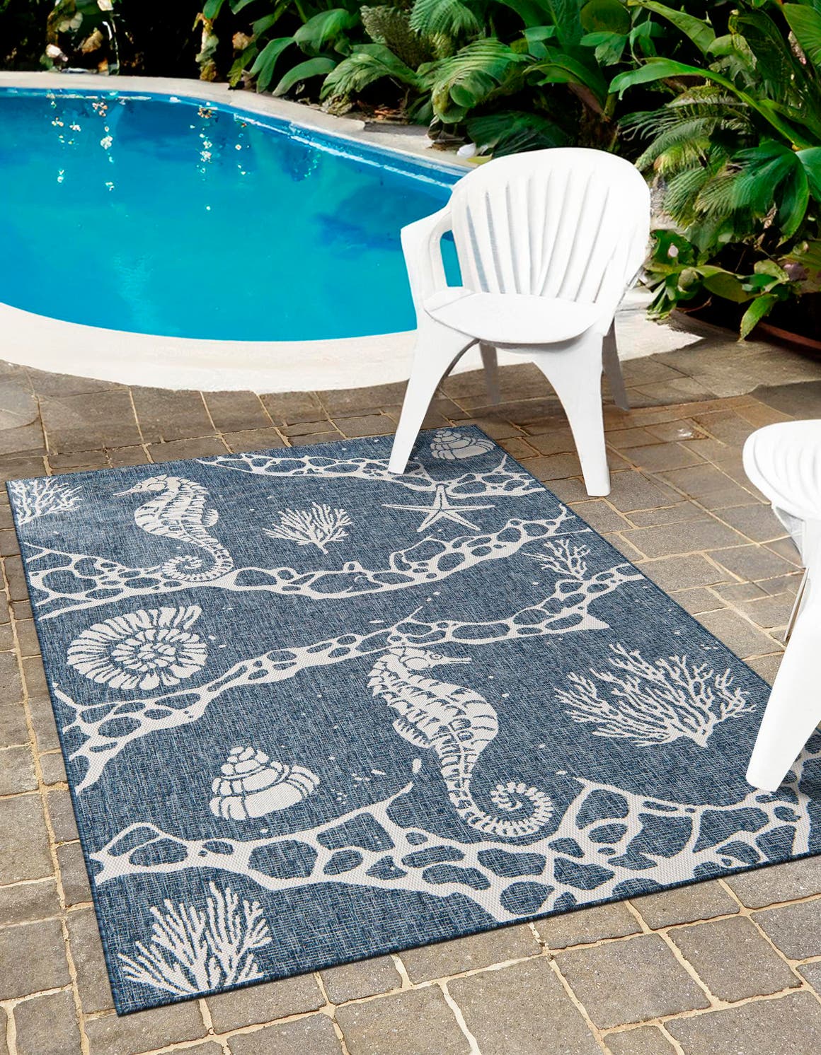 Navy Blue 9' x 12' Outdoor Coastal Rectangle Area Rug Weather Resistant for Patio, Deck, Terrace, Balcony, Porch 100% Polypropylene Coastal Decor Carpet for Sale at Rug Engine