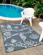 Navy Blue 6' 1 x 9' Outdoor Coastal Rectangle Area Rug Weather Resistant for Patio, Deck, Terrace, Balcony, Porch 100% Polypropylene Coastal Decor Carpet for Sale at Rug Engine