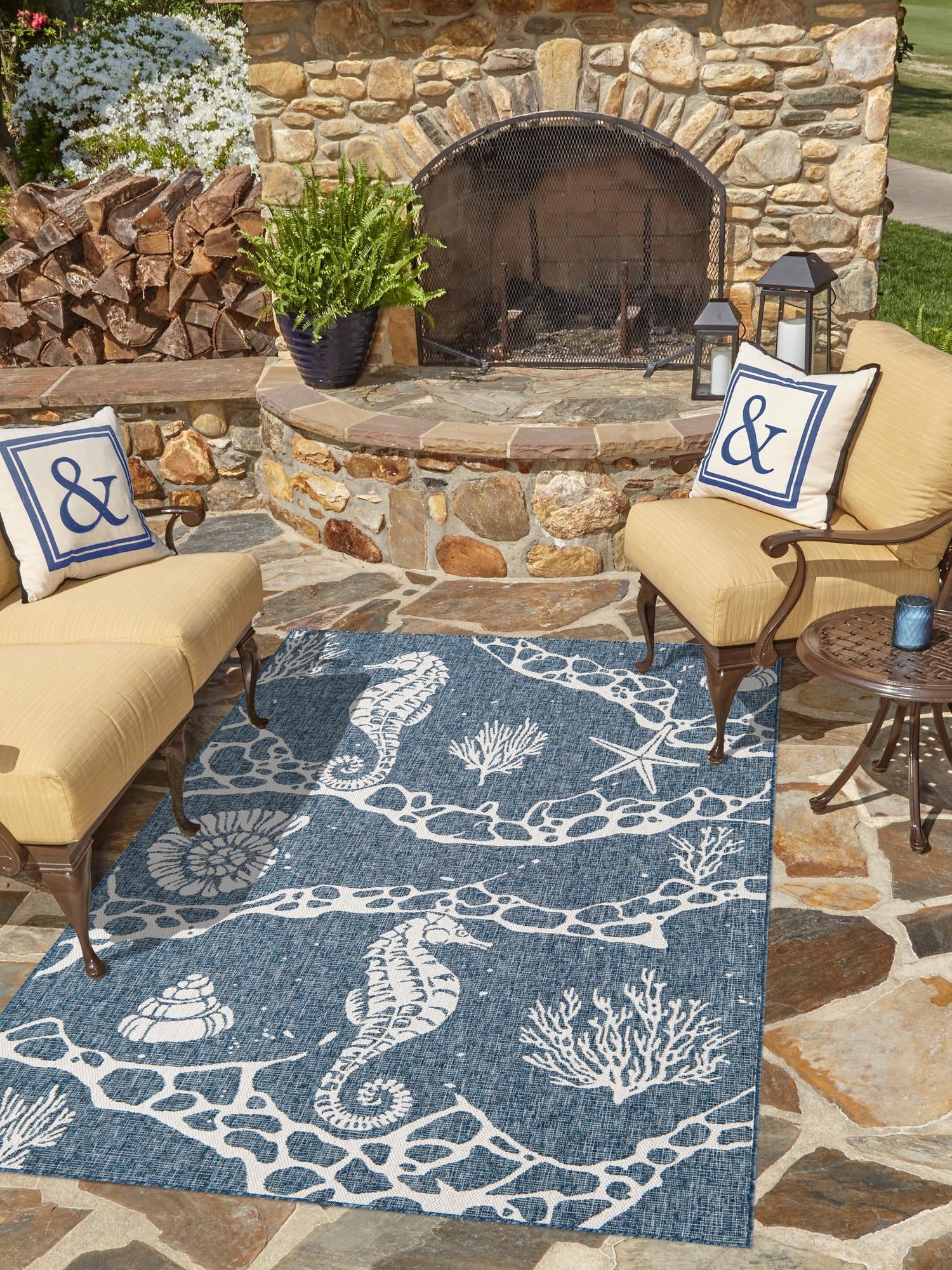 Navy Blue 5' 3 x 8' Outdoor Coastal Rectangle Area Rug Weather Resistant for Patio, Deck, Terrace, Balcony, Porch 100% Polypropylene Coastal Decor Carpet for Sale at Rug Engine