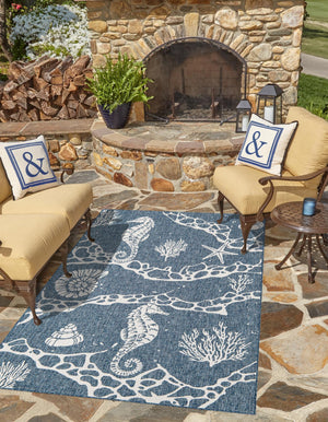 Navy Blue 6' 1 x 9' Outdoor Coastal Rectangle Area Rug Weather Resistant for Patio, Deck, Terrace, Balcony, Porch 100% Polypropylene Coastal Decor Carpet for Sale at Rug Engine