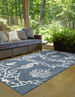 Navy Blue 4' 1 x 6' 1 Outdoor Coastal Rectangle Area Rug Weather Resistant for Patio, Deck, Terrace, Balcony, Porch 100% Polypropylene Coastal Decor Carpet for Sale at Rug Engine