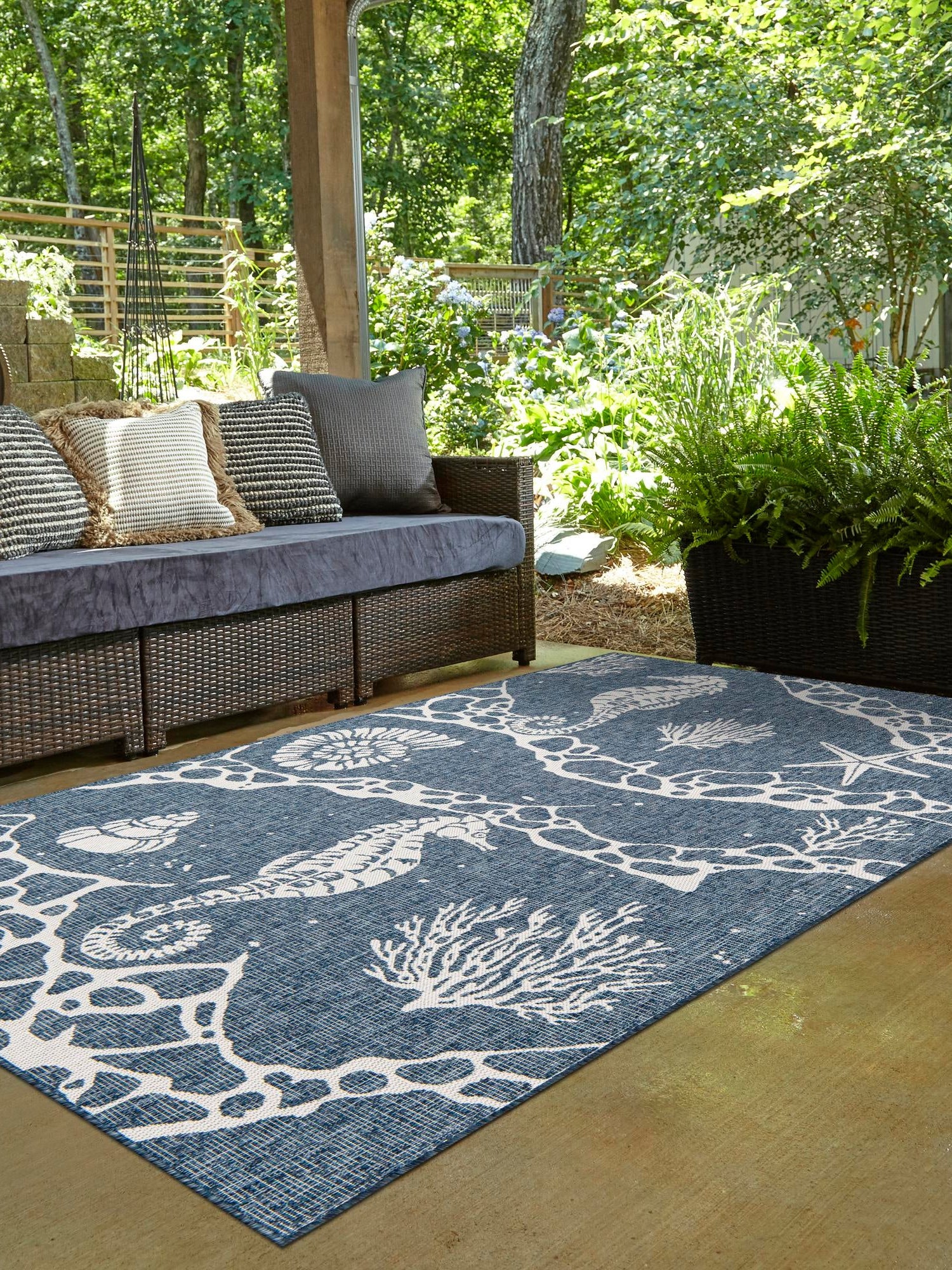 Navy Blue 2' x 3' 1 Outdoor Coastal Rectangle Area Rug Weather Resistant for Patio, Deck, Terrace, Balcony, Porch 100% Polypropylene Coastal Decor Carpet for Sale at Rug Engine