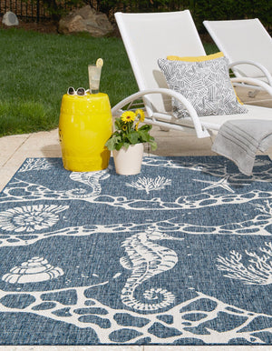 Navy Blue 4' 1 x 6' 1 Outdoor Coastal Rectangle Area Rug Weather Resistant for Patio, Deck, Terrace, Balcony, Porch 100% Polypropylene Coastal Decor Carpet for Sale at Rug Engine
