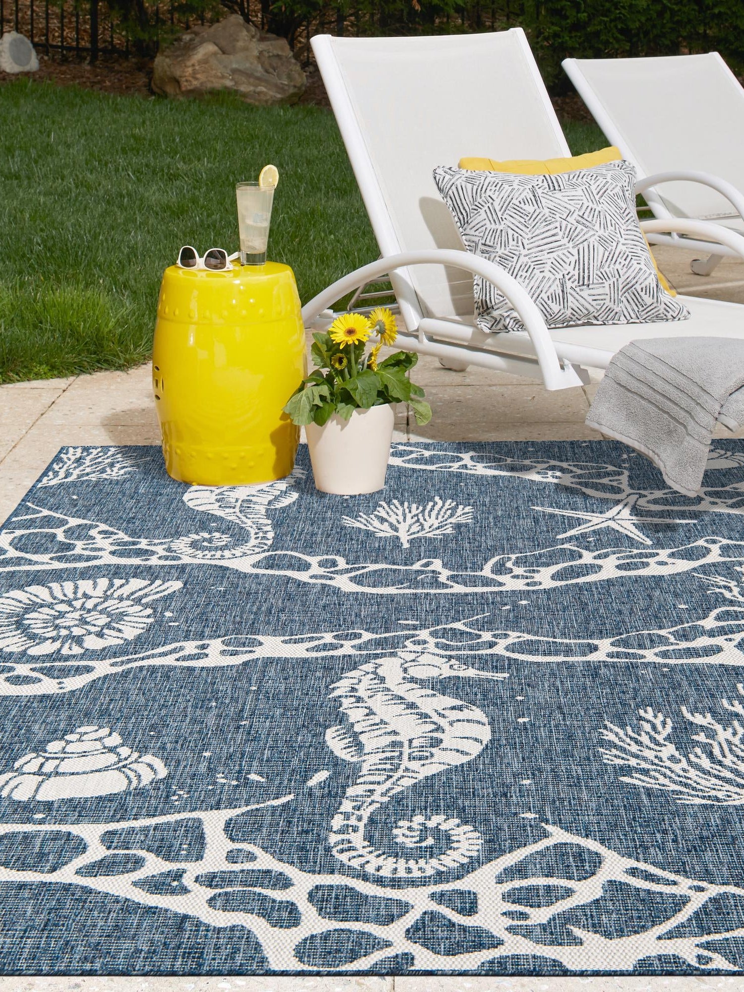 Navy Blue 2' x 3' 1 Outdoor Coastal Rectangle Area Rug Weather Resistant for Patio, Deck, Terrace, Balcony, Porch 100% Polypropylene Coastal Decor Carpet for Sale at Rug Engine