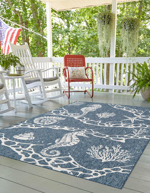 Navy Blue 4' 1 x 6' 1 Outdoor Coastal Rectangle Area Rug Weather Resistant for Patio, Deck, Terrace, Balcony, Porch 100% Polypropylene Coastal Decor Carpet for Sale at Rug Engine