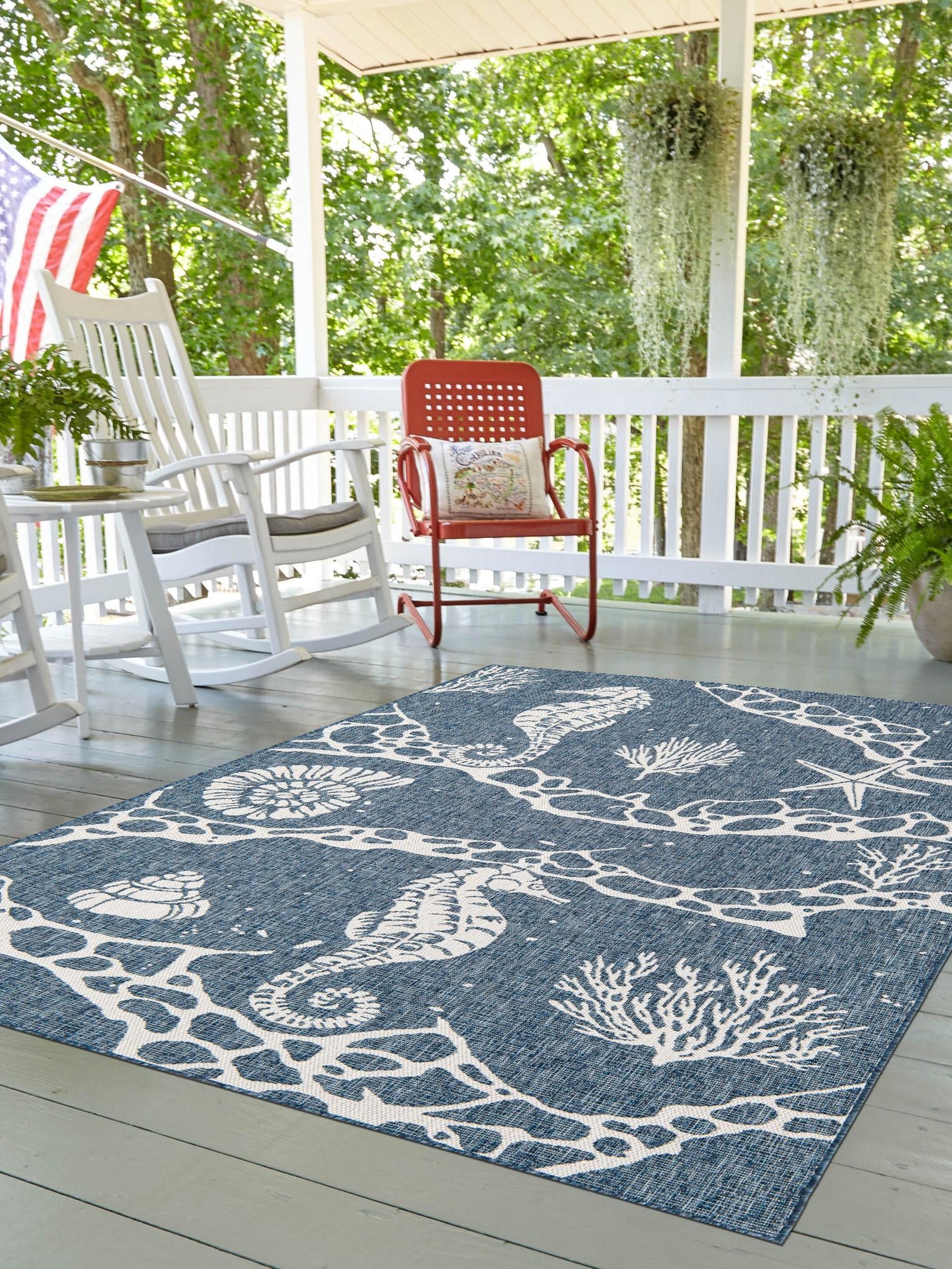 Navy Blue 2' x 3' 1 Outdoor Coastal Rectangle Area Rug Weather Resistant for Patio, Deck, Terrace, Balcony, Porch 100% Polypropylene Coastal Decor Carpet for Sale at Rug Engine