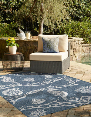 Navy Blue 4' 1 x 6' 1 Outdoor Coastal Rectangle Area Rug Weather Resistant for Patio, Deck, Terrace, Balcony, Porch 100% Polypropylene Coastal Decor Carpet for Sale at Rug Engine