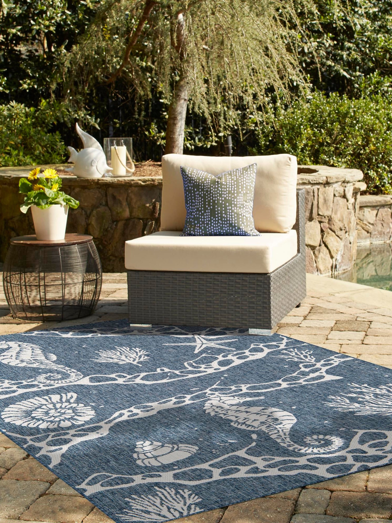Navy Blue 9' x 12' Outdoor Coastal Rectangle Area Rug Weather Resistant for Patio, Deck, Terrace, Balcony, Porch 100% Polypropylene Coastal Decor Carpet for Sale at Rug Engine