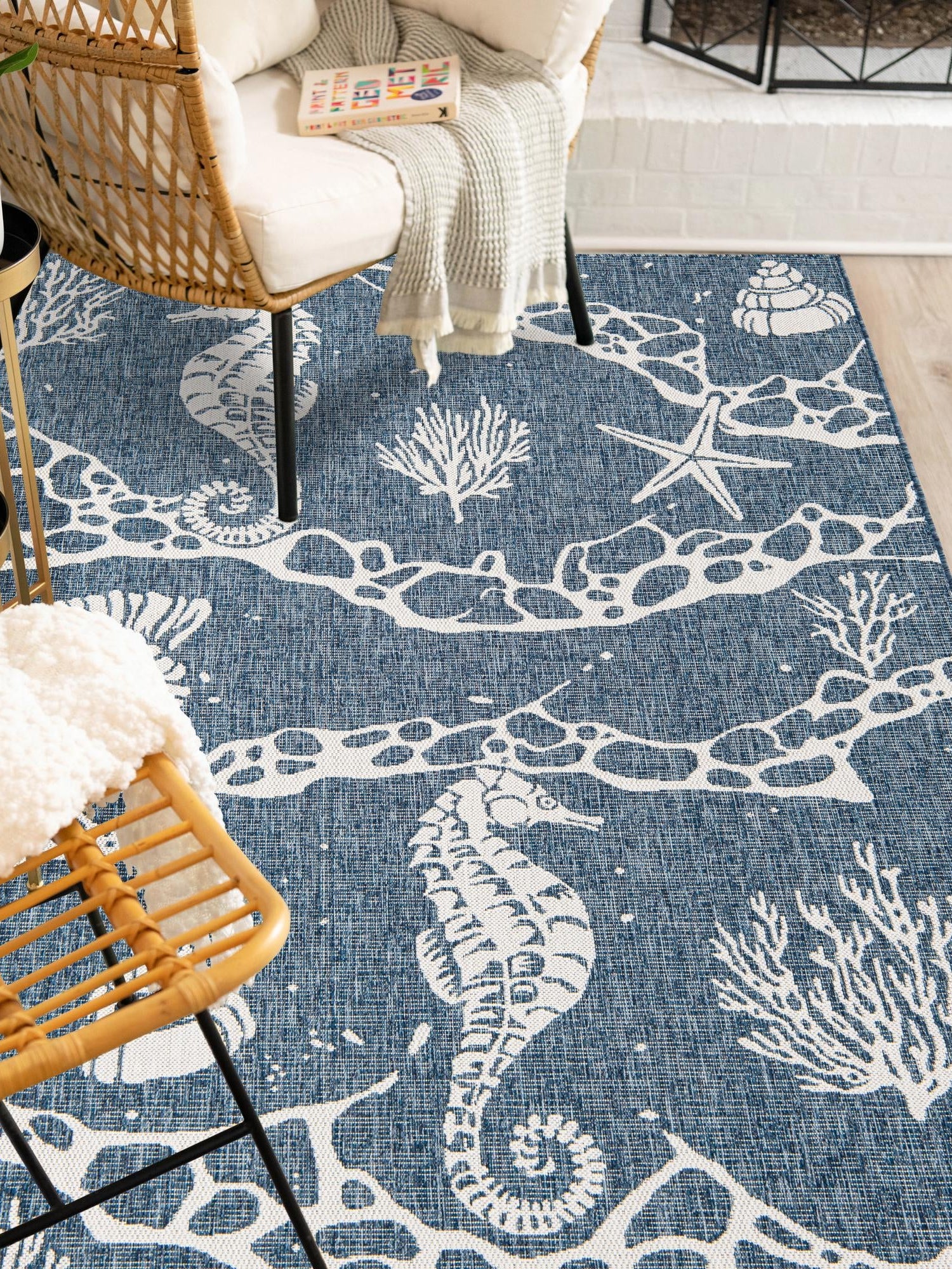 Navy Blue 5' 3 x 8' Outdoor Coastal Rectangle Area Rug Weather Resistant for Patio, Deck, Terrace, Balcony, Porch 100% Polypropylene Coastal Decor Carpet for Sale at Rug Engine