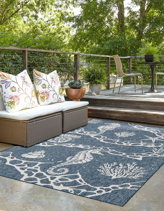 Navy Blue 4' 1 x 6' 1 Outdoor Coastal Rectangle Area Rug Weather Resistant for Patio, Deck, Terrace, Balcony, Porch 100% Polypropylene Coastal Decor Carpet for Sale at Rug Engine