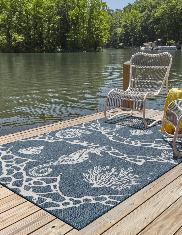 Navy Blue 4' 1 x 6' 1 Outdoor Coastal Rectangle Area Rug Weather Resistant for Patio, Deck, Terrace, Balcony, Porch 100% Polypropylene Coastal Decor Carpet for Sale at Rug Engine