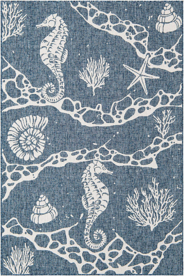 Navy Blue 5' 3 x 8' Outdoor Coastal Rectangle Area Rug Weather Resistant for Patio, Deck, Terrace, Balcony, Porch 100% Polypropylene Coastal Decor Carpet for Sale at Rug Engine