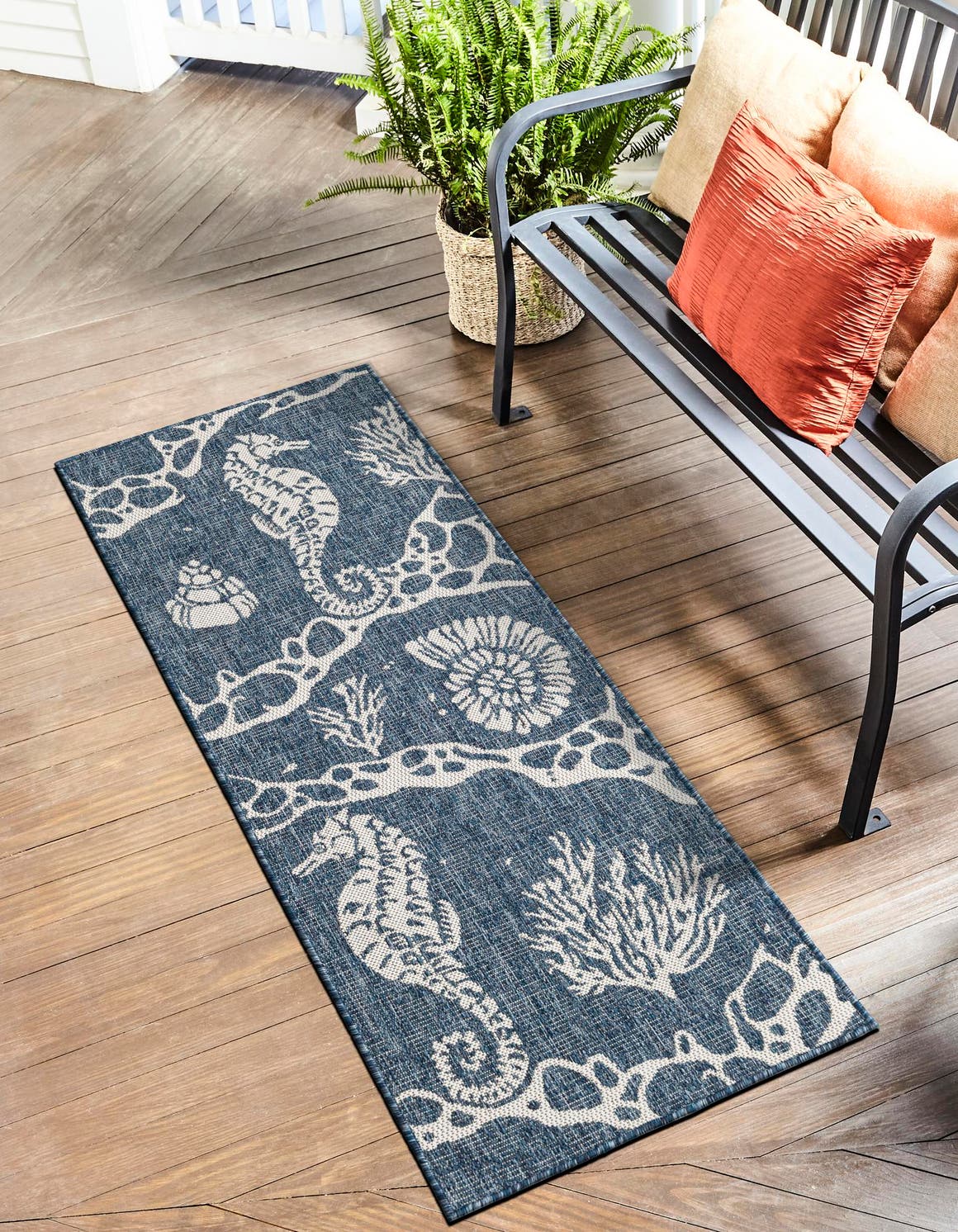 Navy Blue 2' 7 x 12' Outdoor Coastal Runner Area Rug Weather Resistant for Patio, Deck, Terrace, Balcony, Porch 100% Polypropylene Coastal Decor Carpet for Sale at Rug Engine