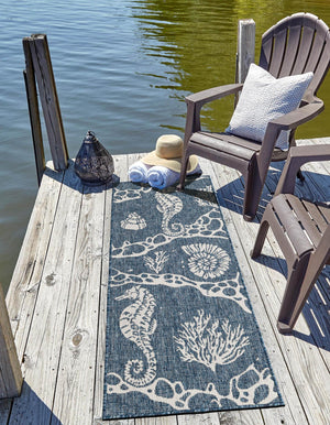 Navy Blue 2' x 5' 3 Outdoor Coastal Runner Area Rug Weather Resistant for Patio, Deck, Terrace, Balcony, Porch 100% Polypropylene Coastal Decor Carpet for Sale at Rug Engine