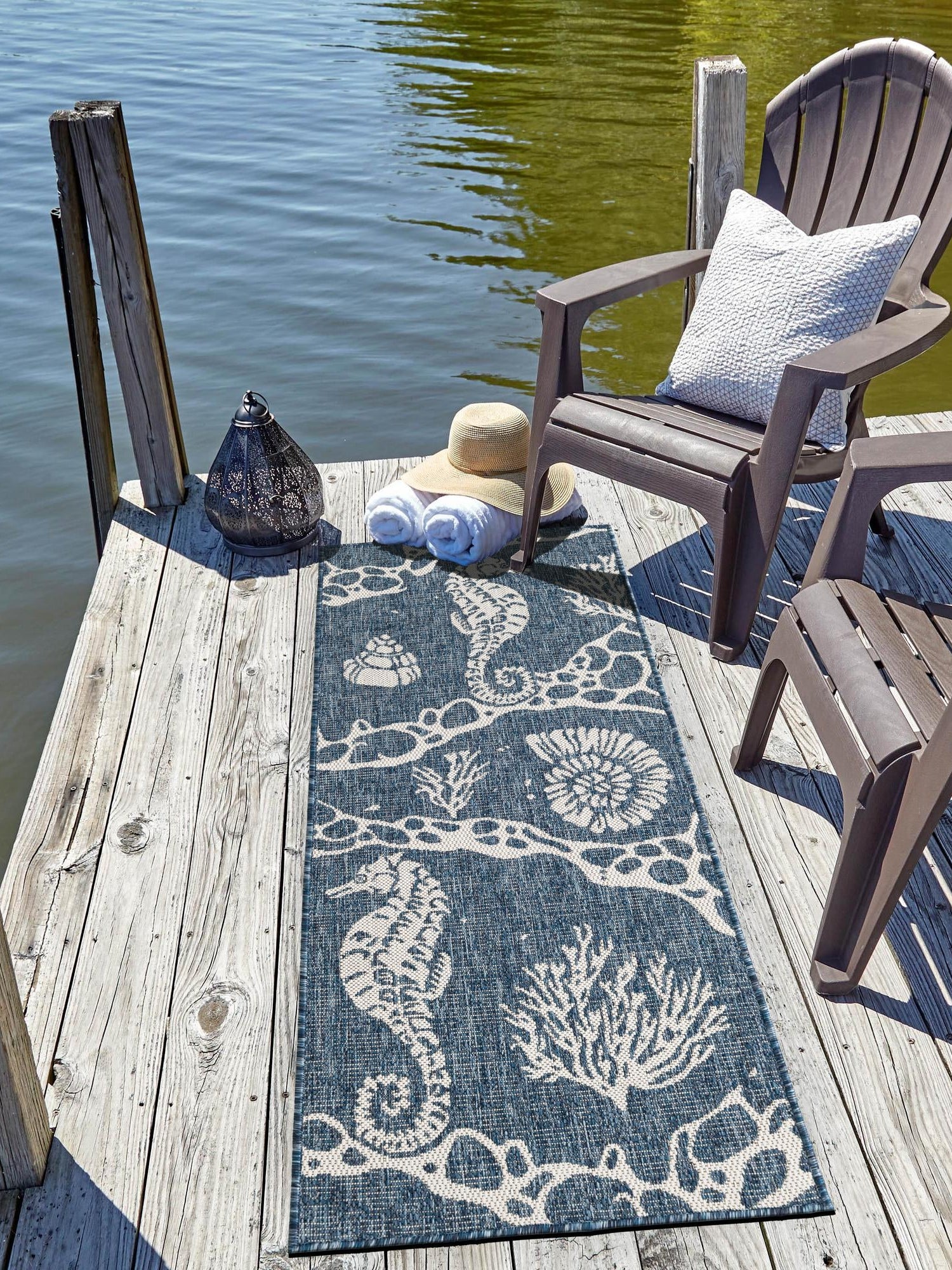 Navy Blue 2' x 6' 1 Outdoor Coastal Runner Area Rug Weather Resistant for Patio, Deck, Terrace, Balcony, Porch 100% Polypropylene Coastal Decor Carpet for Sale at Rug Engine
