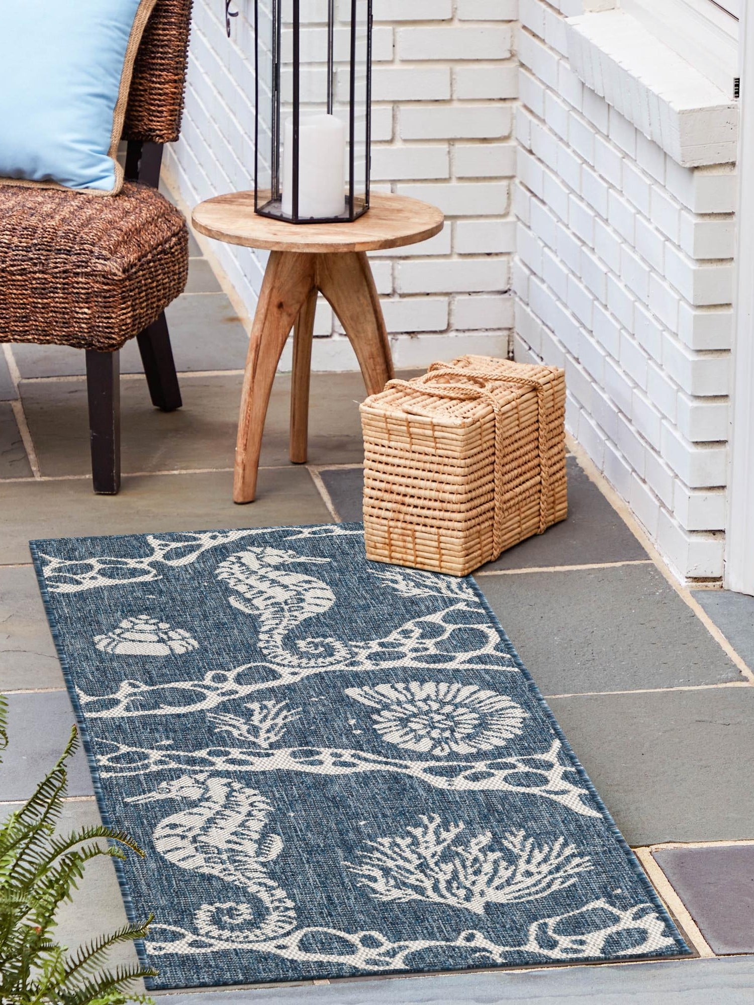 Navy Blue 2' x 6' 1 Outdoor Coastal Runner Area Rug Weather Resistant for Patio, Deck, Terrace, Balcony, Porch 100% Polypropylene Coastal Decor Carpet for Sale at Rug Engine
