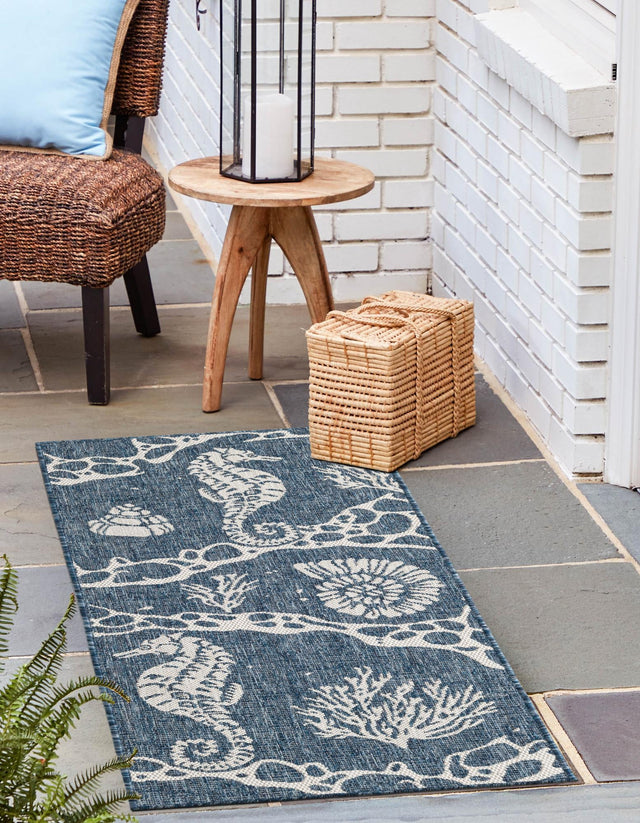 Navy Blue 2' x 6' 1 Outdoor Coastal Runner Area Rug Weather Resistant for Patio, Deck, Terrace, Balcony, Porch 100% Polypropylene Coastal Decor Carpet for Sale at Rug Engine