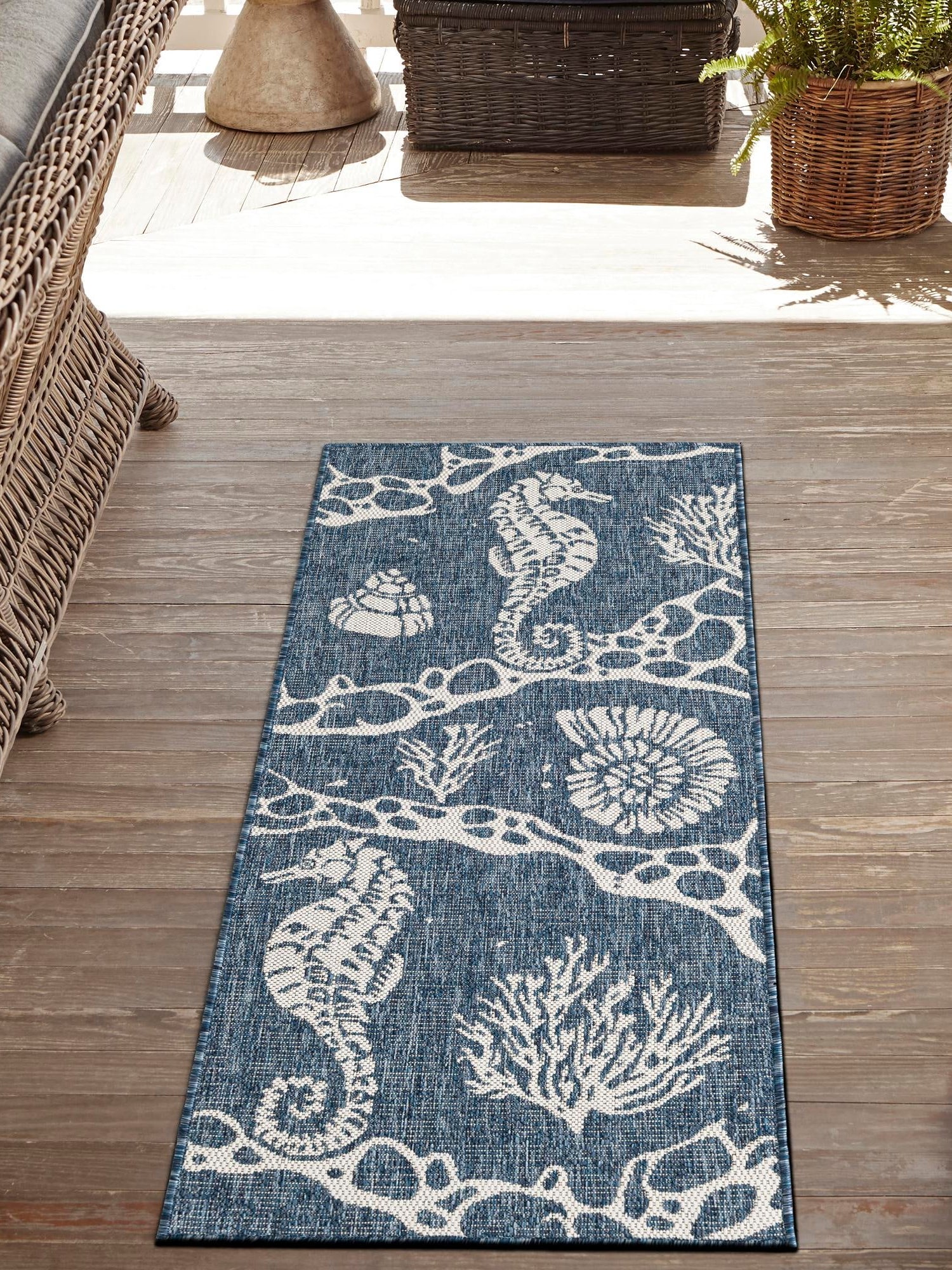 Navy Blue 2' x 8' Outdoor Coastal Runner Area Rug Weather Resistant for Patio, Deck, Terrace, Balcony, Porch 100% Polypropylene Coastal Decor Carpet for Sale at Rug Engine