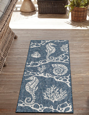 Navy Blue 2' x 6' 1 Outdoor Coastal Runner Area Rug Weather Resistant for Patio, Deck, Terrace, Balcony, Porch 100% Polypropylene Coastal Decor Carpet for Sale at Rug Engine