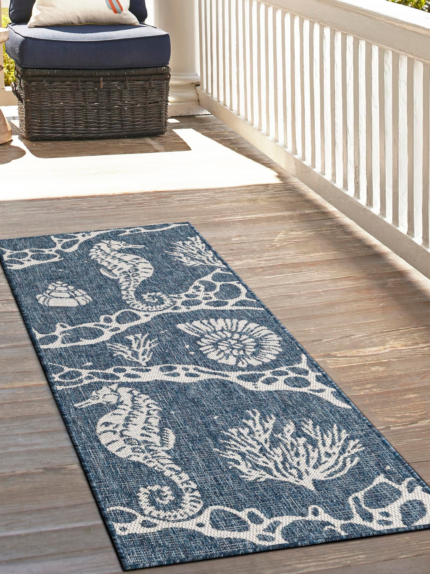 Navy Blue 2' x 8' Outdoor Coastal Runner Area Rug Weather Resistant for Patio, Deck, Terrace, Balcony, Porch 100% Polypropylene Coastal Decor Carpet for Sale at Rug Engine