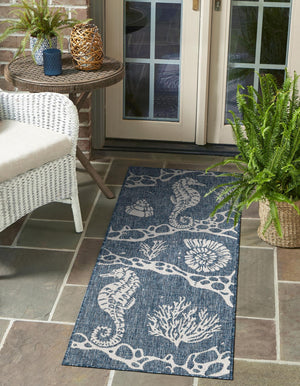 Navy Blue 2' x 8' Outdoor Coastal Runner Area Rug Weather Resistant for Patio, Deck, Terrace, Balcony, Porch 100% Polypropylene Coastal Decor Carpet for Sale at Rug Engine