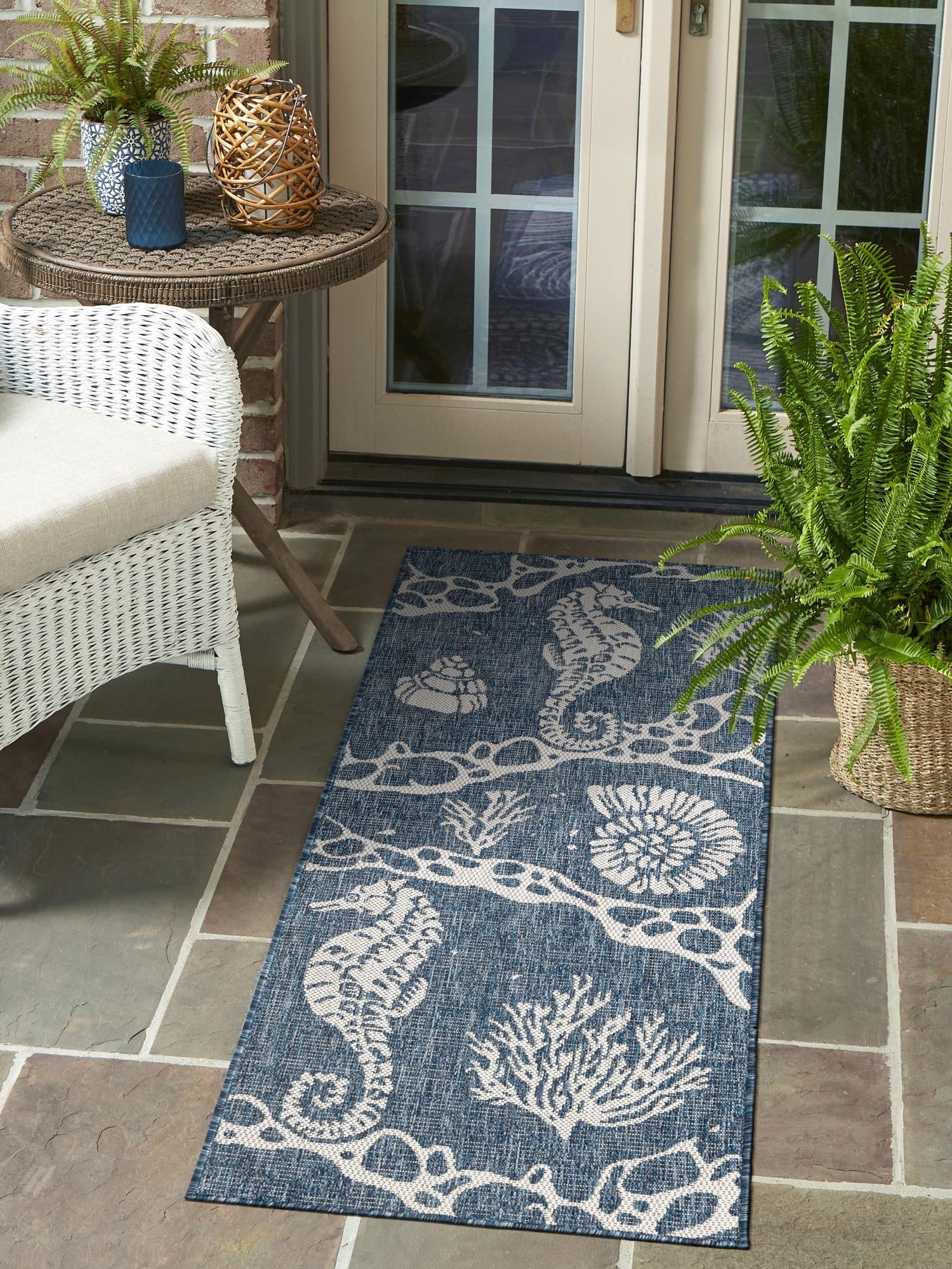 Navy Blue 2' x 6' 1 Outdoor Coastal Runner Area Rug Weather Resistant for Patio, Deck, Terrace, Balcony, Porch 100% Polypropylene Coastal Decor Carpet for Sale at Rug Engine