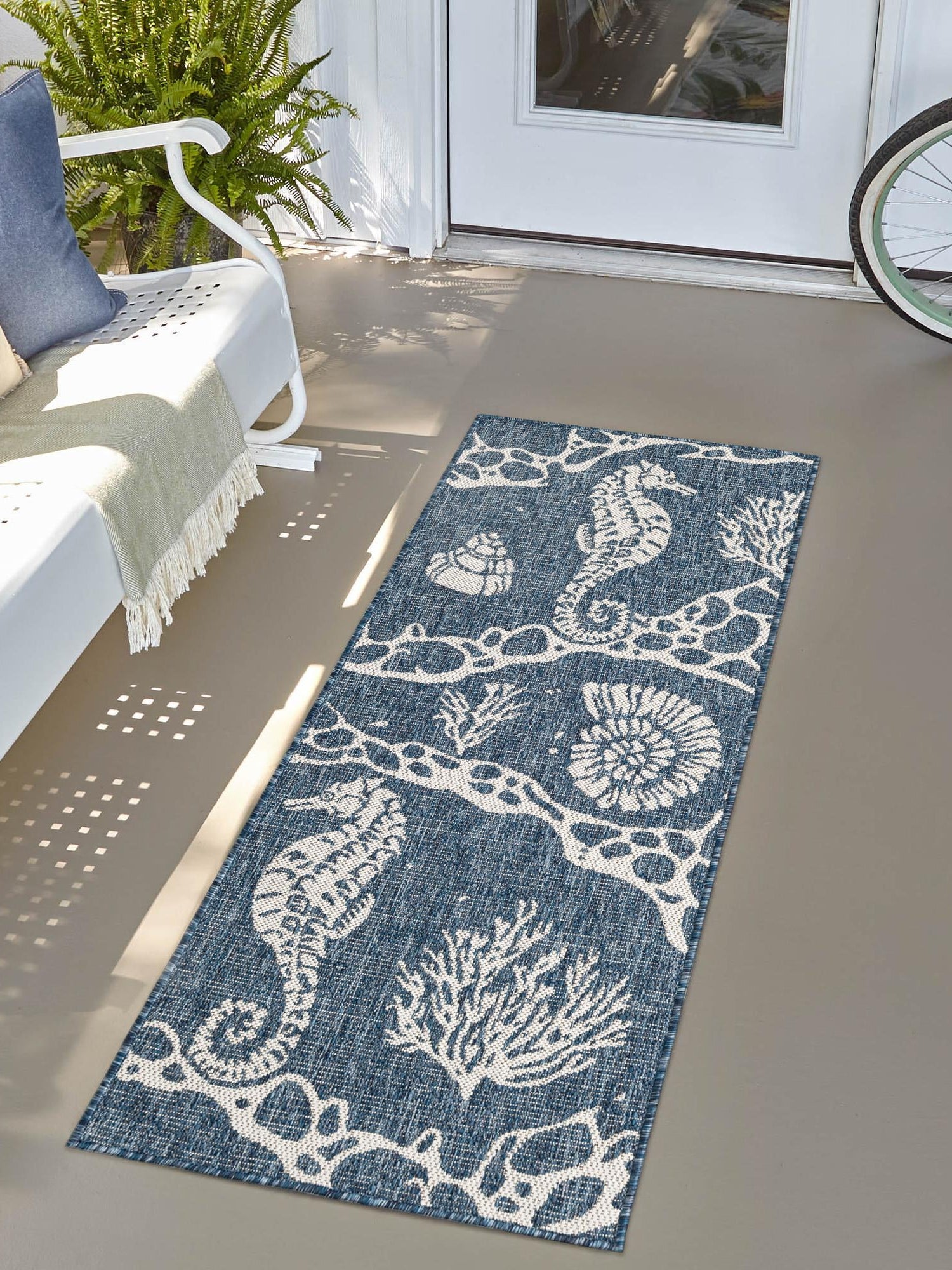 Navy Blue 2' x 6' 1 Outdoor Coastal Runner Area Rug Weather Resistant for Patio, Deck, Terrace, Balcony, Porch 100% Polypropylene Coastal Decor Carpet for Sale at Rug Engine