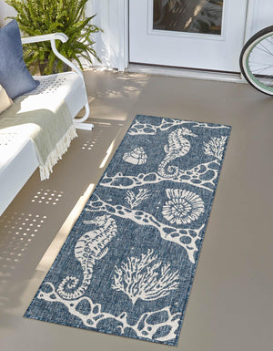 Navy Blue 2' x 8' Outdoor Coastal Runner Area Rug Weather Resistant for Patio, Deck, Terrace, Balcony, Porch 100% Polypropylene Coastal Decor Carpet for Sale at Rug Engine