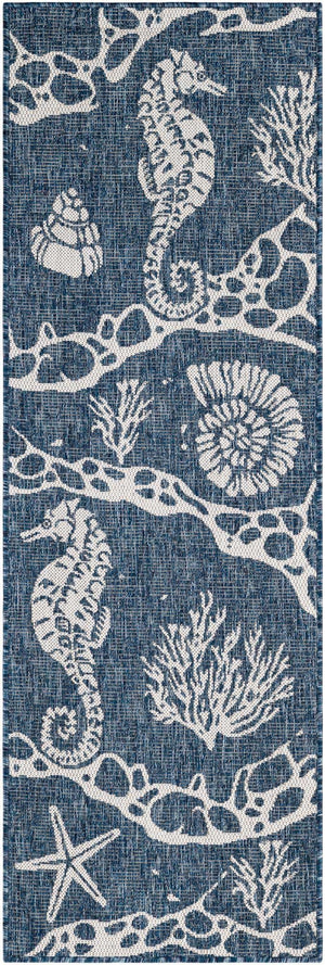 Navy Blue 2' x 6' 1 Outdoor Coastal Runner Area Rug Weather Resistant for Patio, Deck, Terrace, Balcony, Porch 100% Polypropylene Coastal Decor Carpet for Sale at Rug Engine