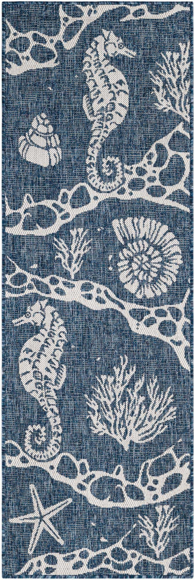 Navy Blue 2' x 6' 1 Outdoor Coastal Runner Area Rug Weather Resistant for Patio, Deck, Terrace, Balcony, Porch 100% Polypropylene Coastal Decor Carpet for Sale at Rug Engine