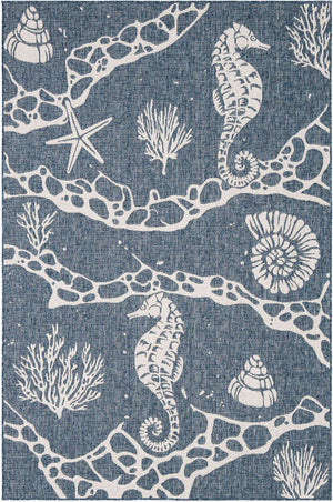 Navy Blue 6' 1 x 9' Outdoor Coastal Rectangle Area Rug Weather Resistant for Patio, Deck, Terrace, Balcony, Porch 100% Polypropylene Coastal Decor Carpet for Sale at Rug Engine